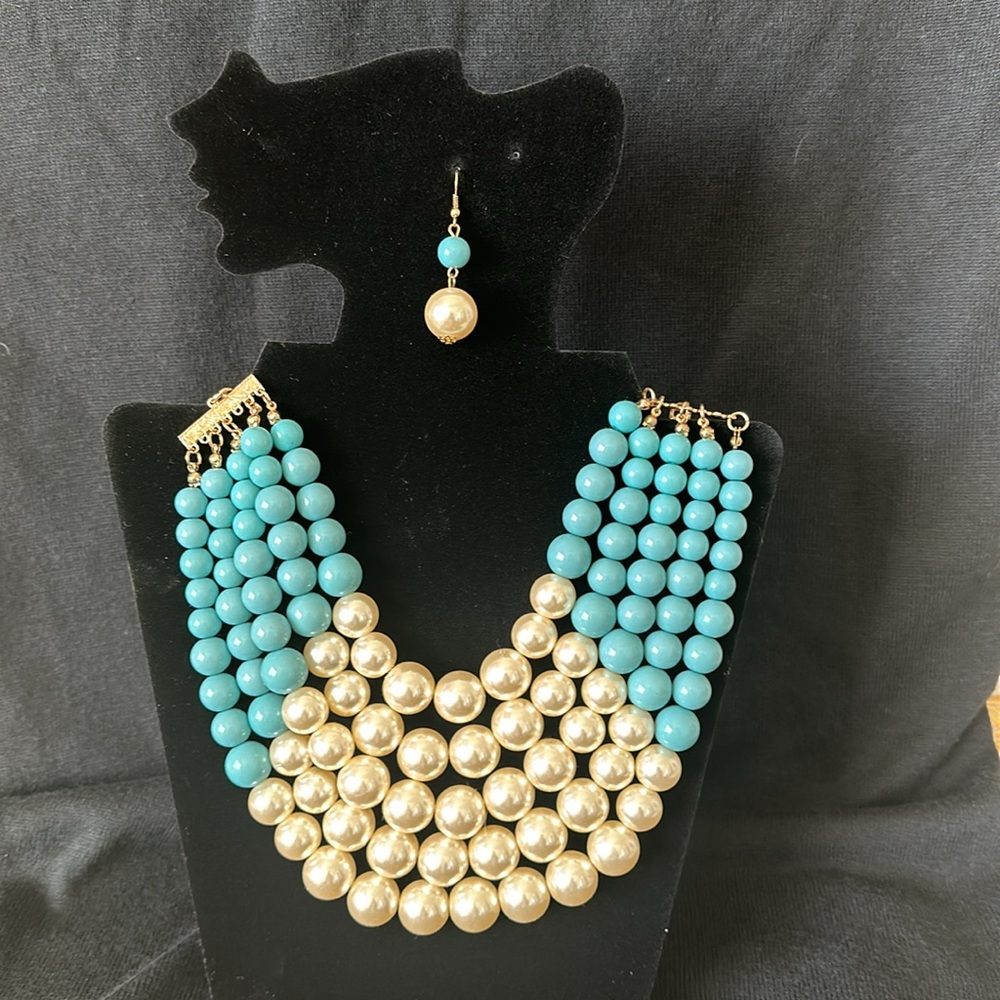Multi Strand Pearl/Turquoise Necklace and Earrings Set NWT